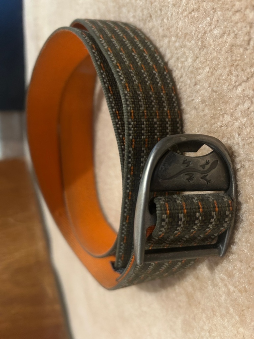 Chaco Reversible Olive Webbing Belt with Orange Leather